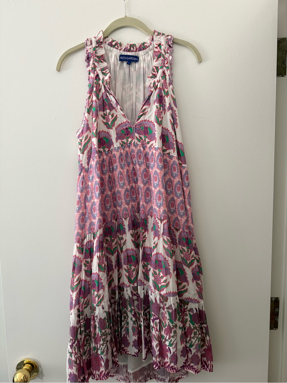 Ros Garden Pink Floral Ruffle V-Neck Tiered Midi Dress